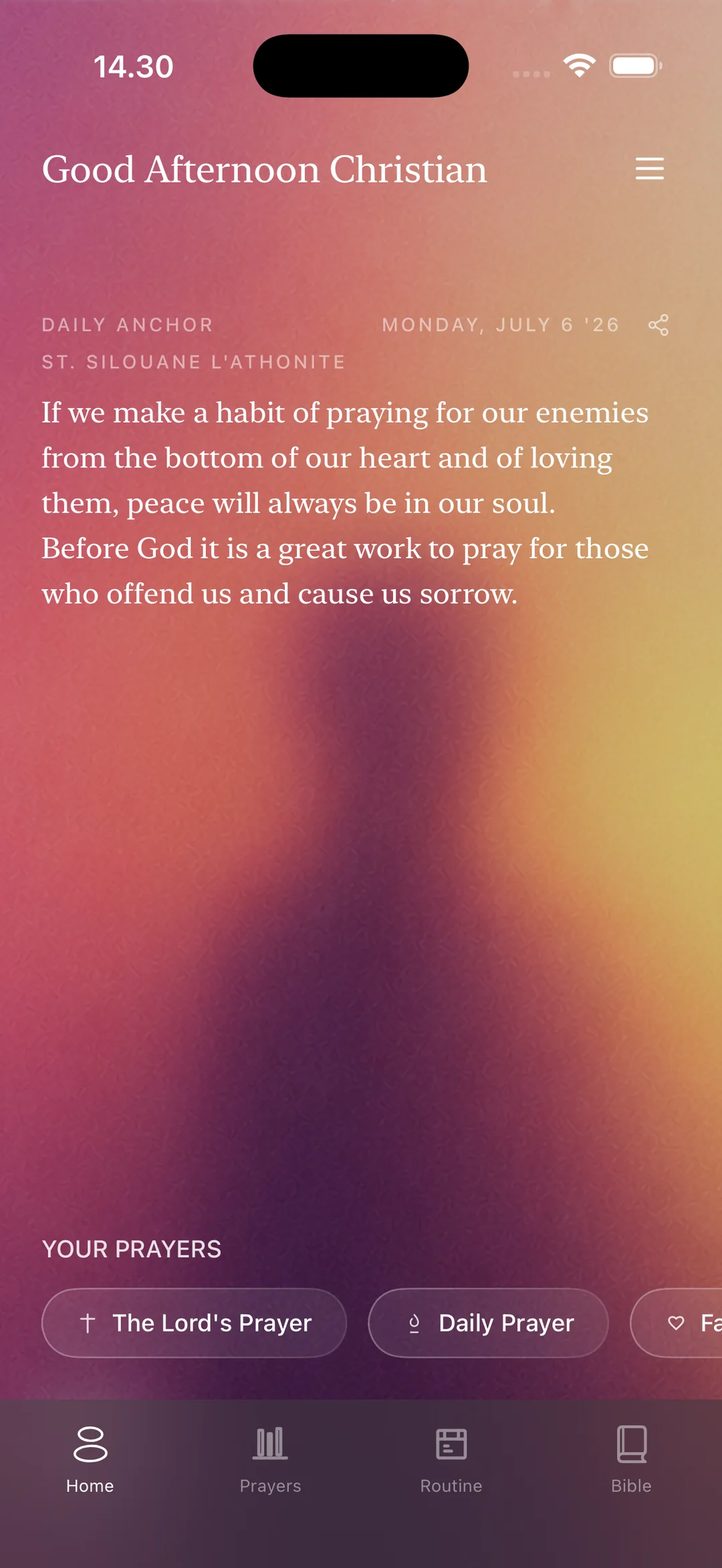 The Prayer Stone home screen with the daily anchor and your prayers