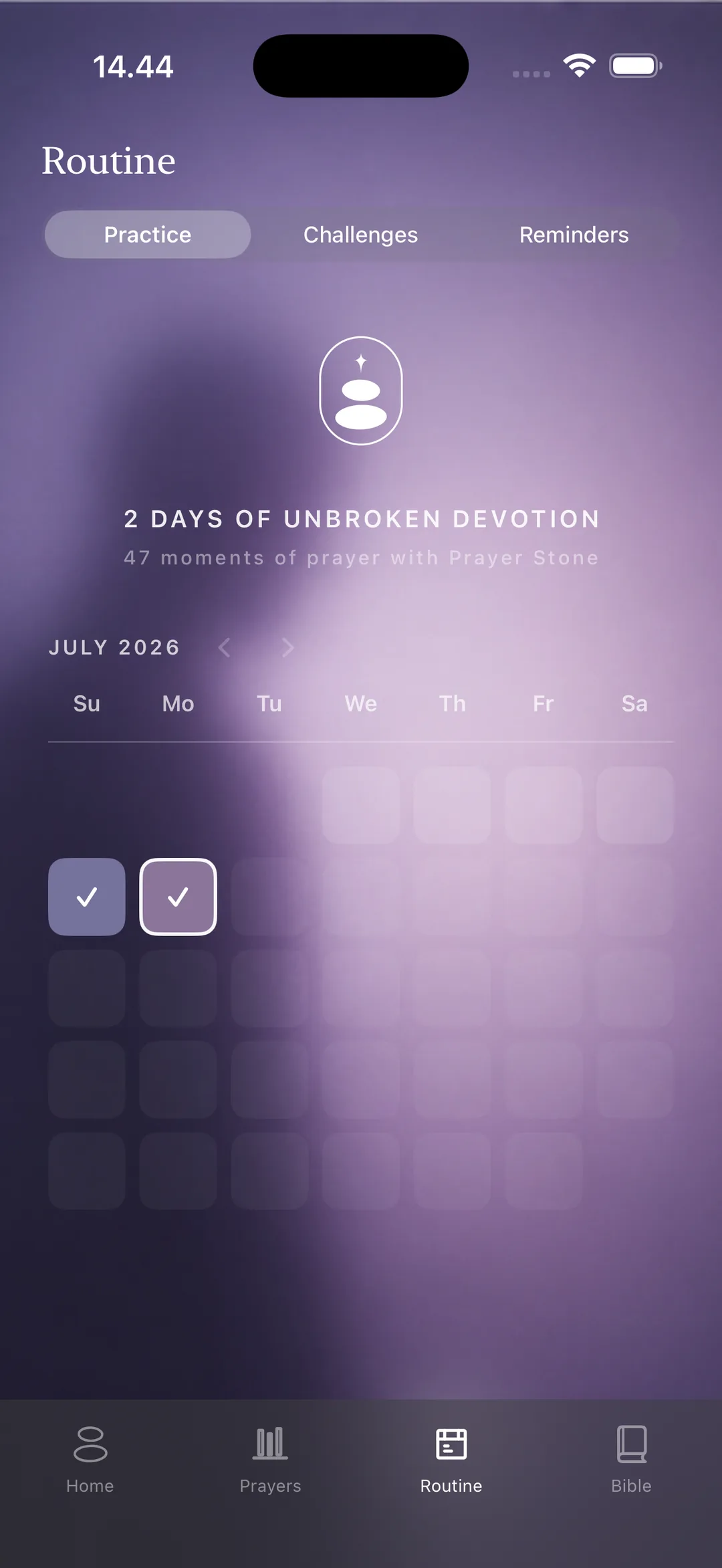 The routine screen with days of prayer marked on a month calendar